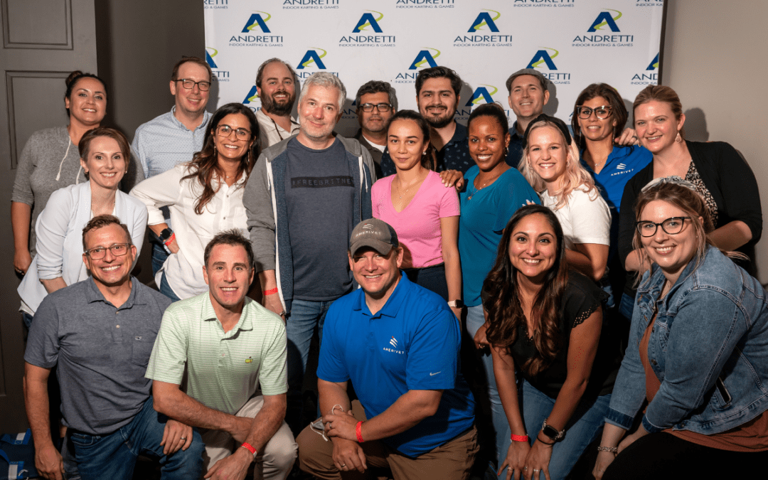 Group photo of AmeriVet Corporate team from 100th Practice Party at Andretti Indoor Karting and Games